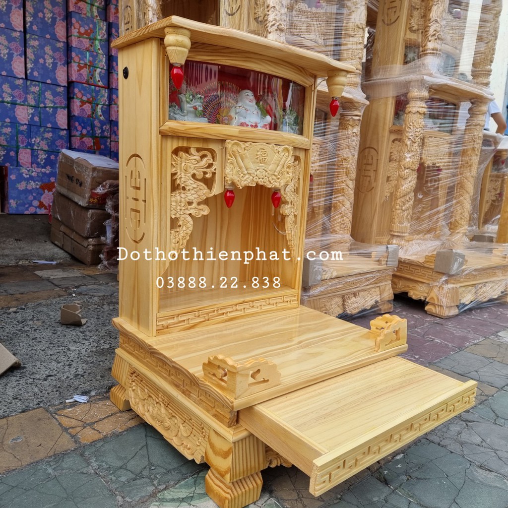 Bàn thờ thần tài ông địa gỗ thông màu nguyên gỗ ngang 48cm hộp điện tử