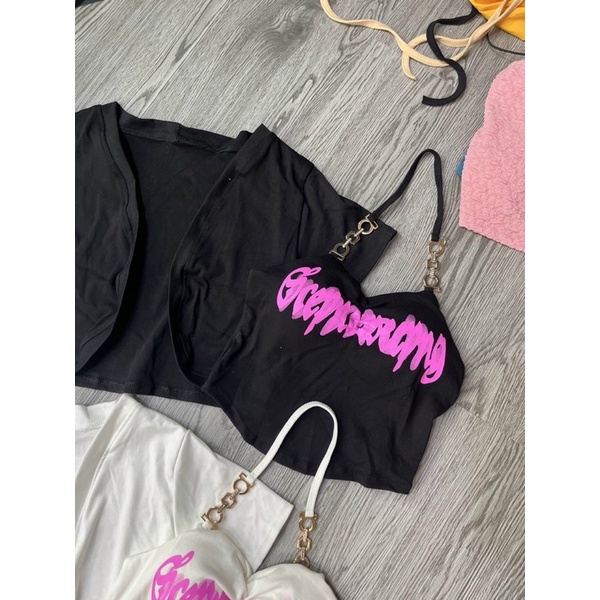 Set Áo Croptop Cổ Yếm + Áo Hai Dây In Họa Tiết Thời Trang Cho Nữ 2022