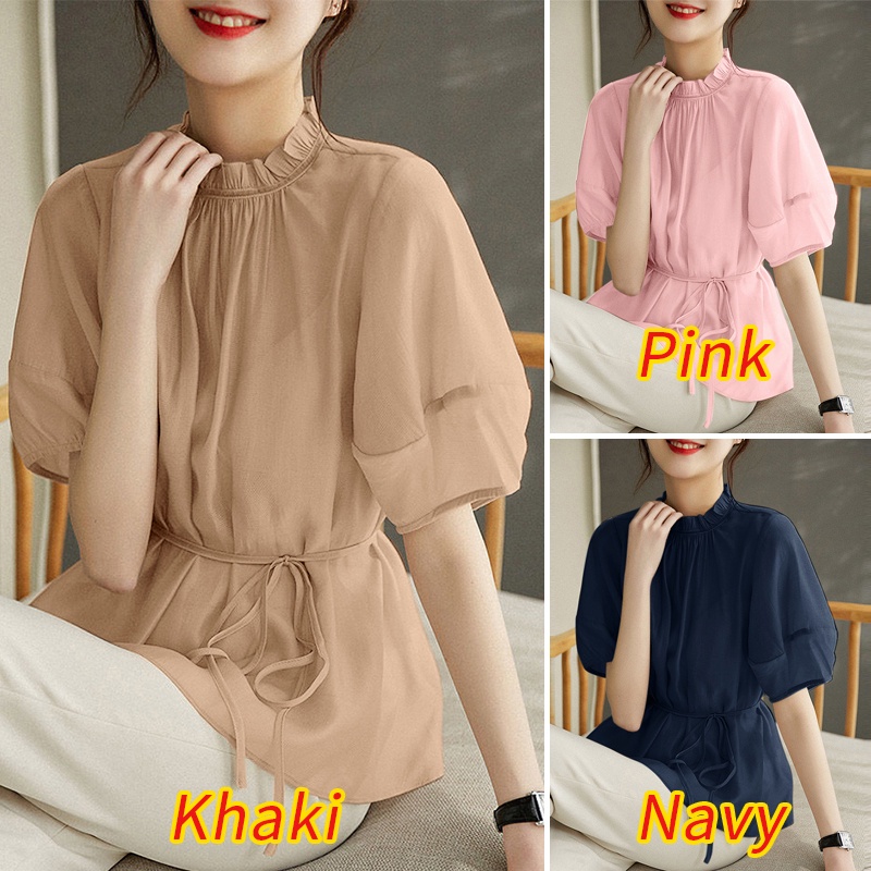 Áo kiểu Zanzea tay phồng ngắn cổ đứng phối bèo và dây thắt nút thời trang thanh lịch cho nữ