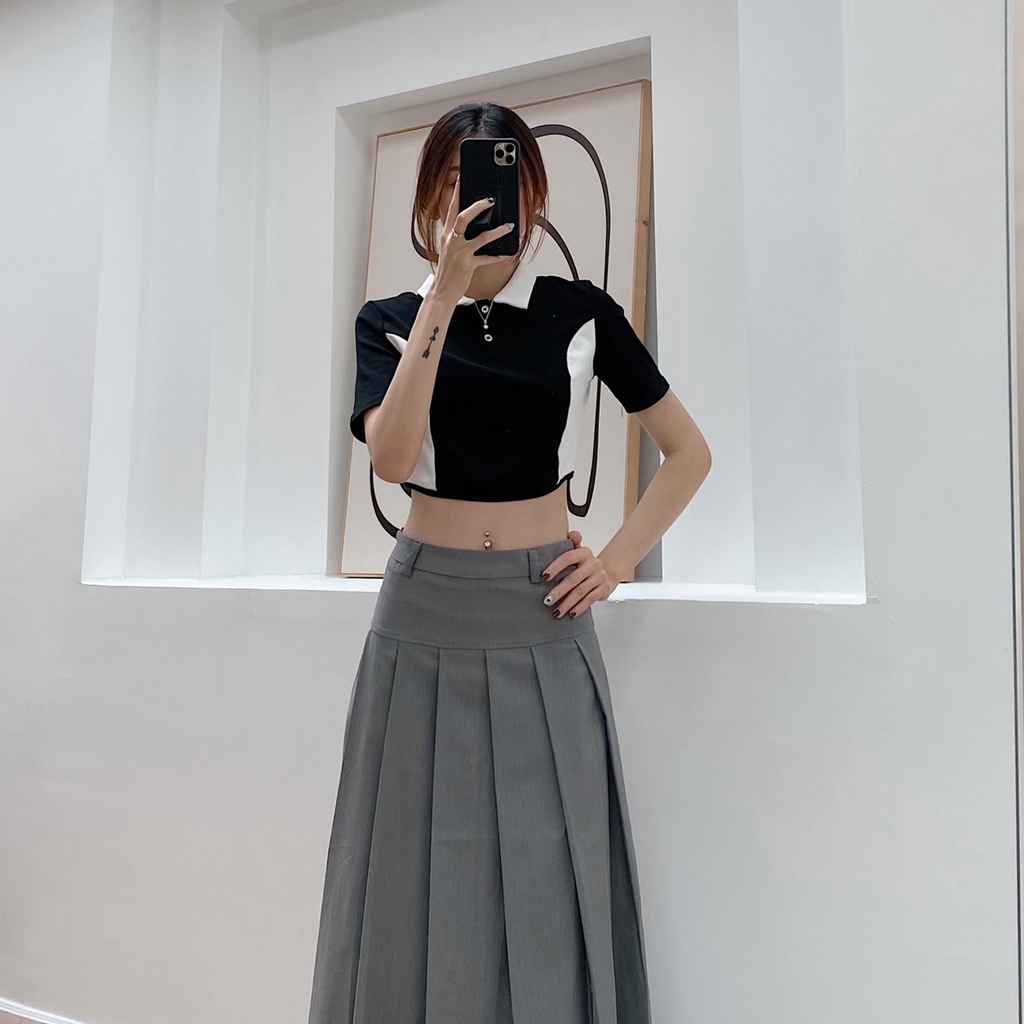 Áo thun tay ngắn cổ sơ mi BW phối màu dáng ngắn chất thun cotton co giãn màu đen – Mad And More Shop