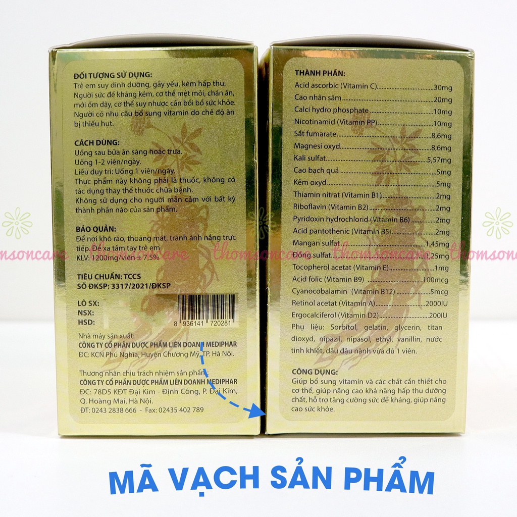 Bổ sung vitamin, nhân sâm giảm mệt mỏi, suy nhược cơ thể Homfamin Ginseng hộp 60 viên Homtamin