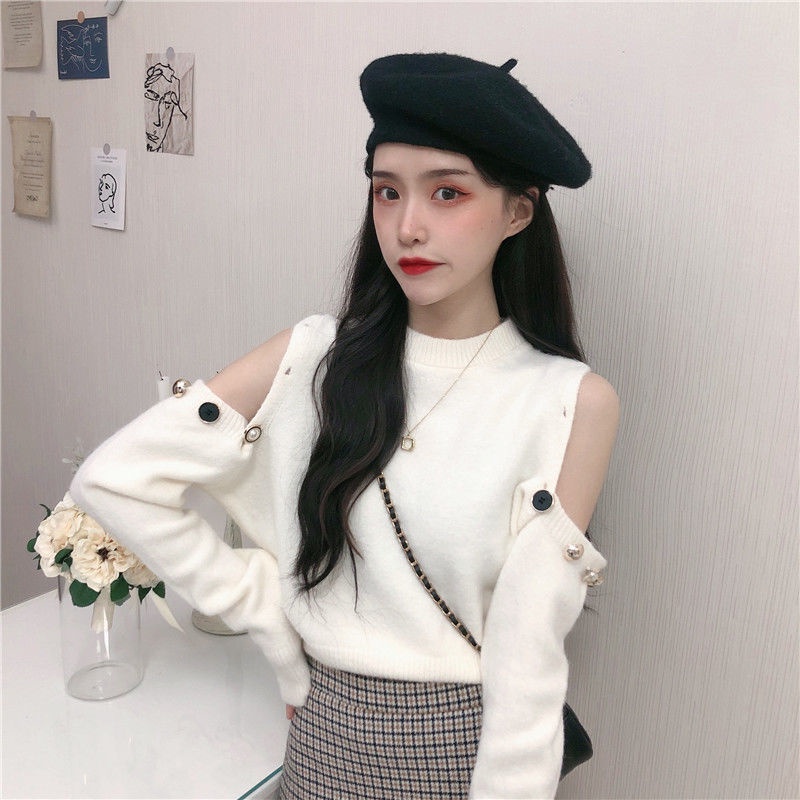 Áo Dệt Kim Tay Dài Cổ Tròn Trễ Vai Phong Cách Phương Tây Thời Trang Mùa Thu Cho Nữ