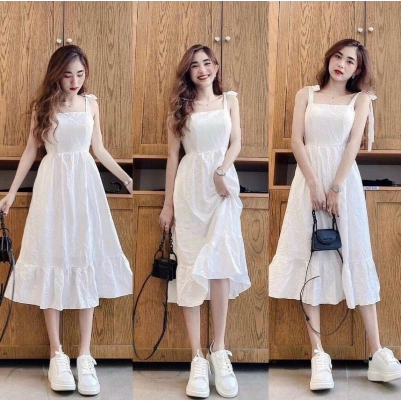 Đầm nữ cột nơ ở Vai Cực Xinh, Váy Trắng 2 Dây nữ Loại 1 Đầm Trắng Công Chúa Đi tiệc, Kỉ Yếu , Đi Biển Xinh Xắn