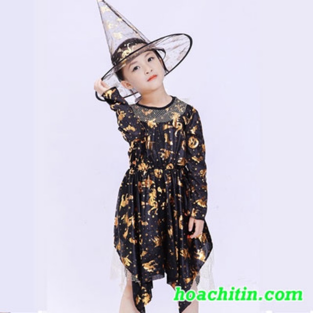 Set váy phù thuỷ nhũ vàng hóa trang halloween cho bé gái tặng kèm nón