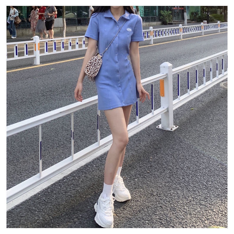 Đầm tay ngắn cổ bẻ phong cách Hàn Quốc thời trang trẻ trung năng động cho nữ