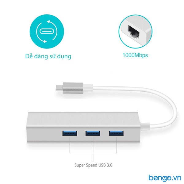 Cáp Chuyển USB-C Qua 3 Cổng USB 3.0 + Cổng LAN RJ45