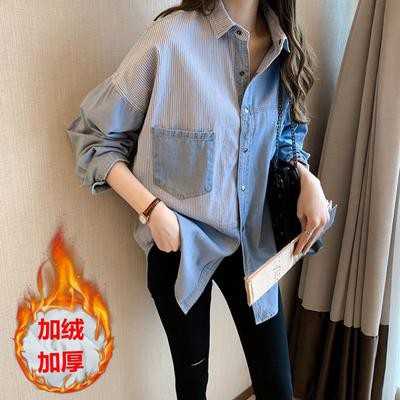 Áo sơ mi denim lót nhung dày kiểu mới thu đông 2020 Áo sơ mi nữ áo sơ mi dài tay dễ phối đồ mặc ngoài dáng rộng