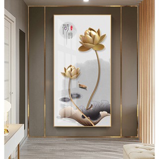 Tranh treo tường hiện đại hình hoa sen vàng tài lộc chất liẹu bóng kính hoặc vải canvas 201907251207466051378