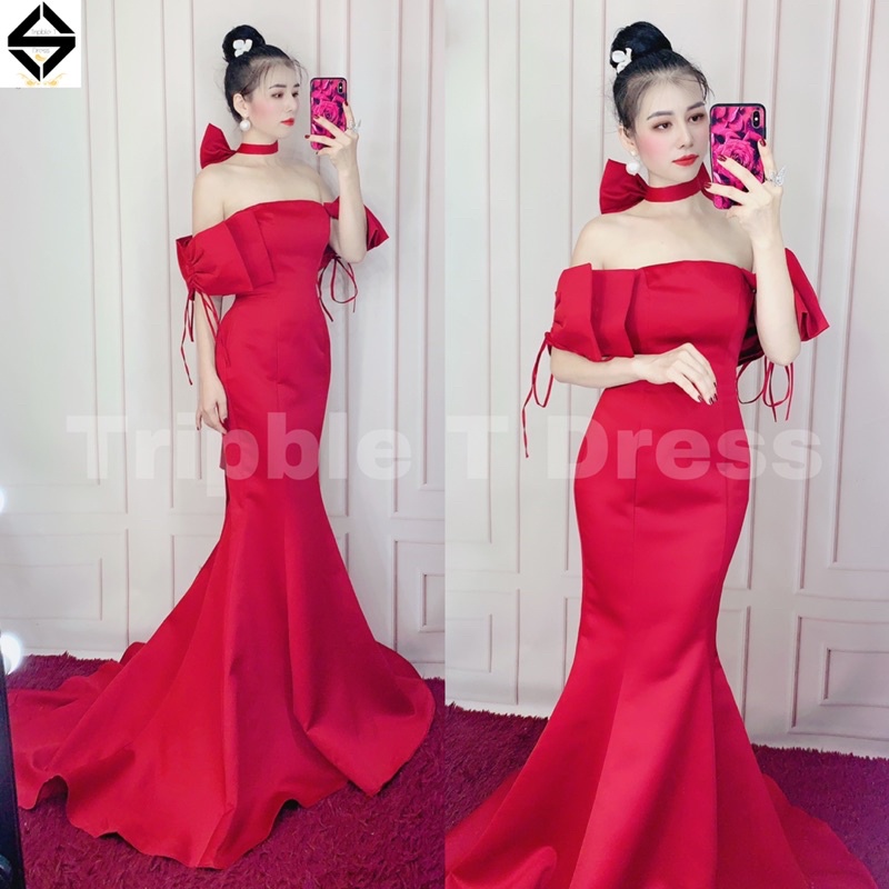 Đầm body maxi mặc cưới phối phụ kiện nơ tay và cổ đi kèm TRIPBLE T DRESS - size S/M/L - MS196Y