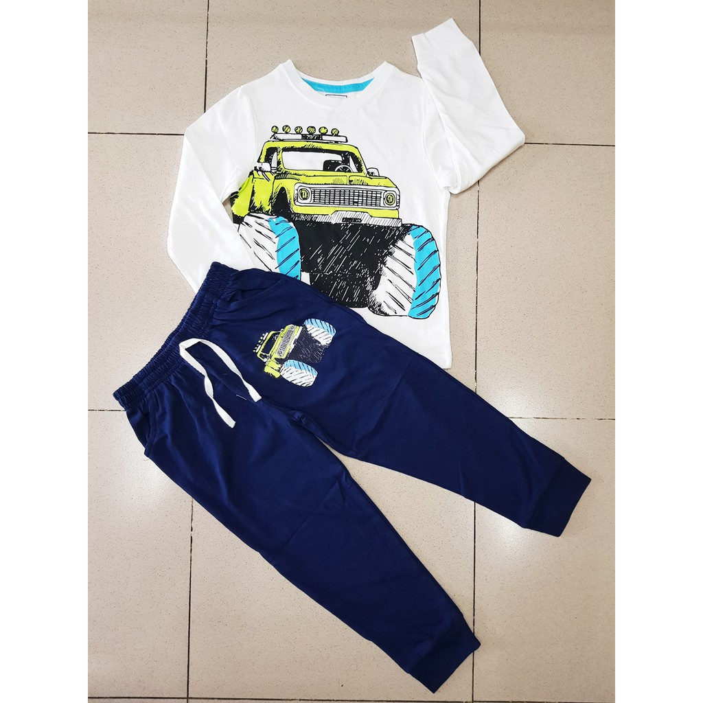 Bộ thun cotton tay dài bé trai in xe địa hình