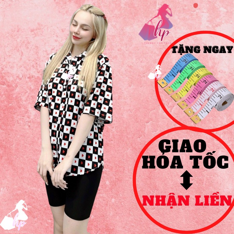 Áo sơ mi nữ phom rộng dễ thương, Áo phông from to caro in tim tay lỡ katê lụa sang chảnh hàn quốc mã ,.A177