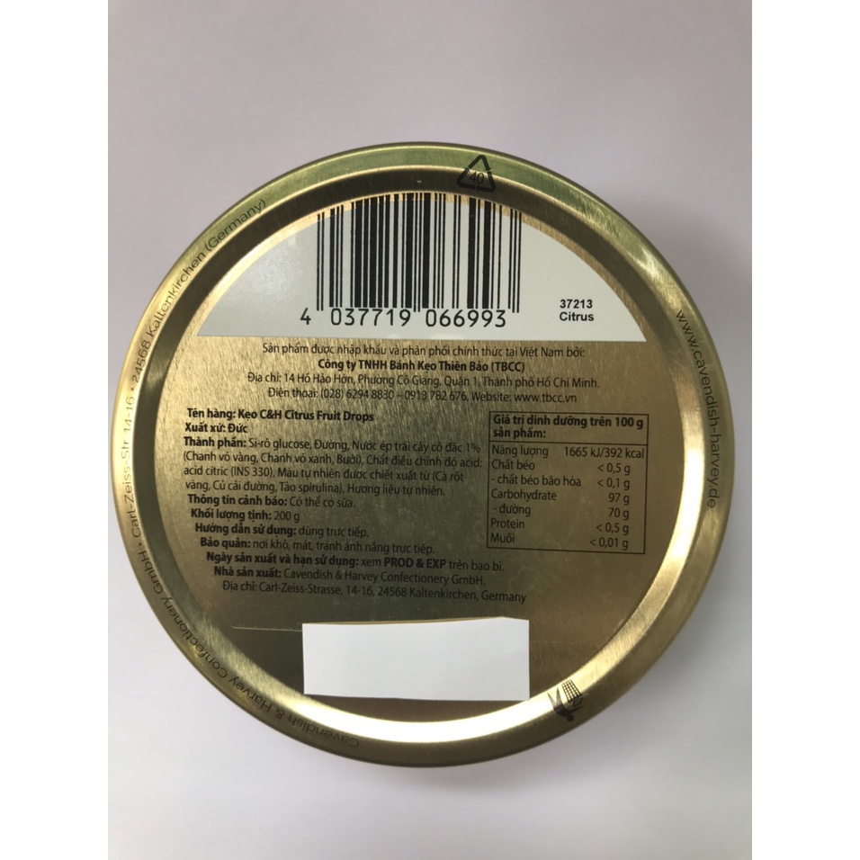 Kẹo Hộp Thiếc Đức Cavendish Harvey Hương Cam Chanh Citrus Fruit (Hộp 200g)