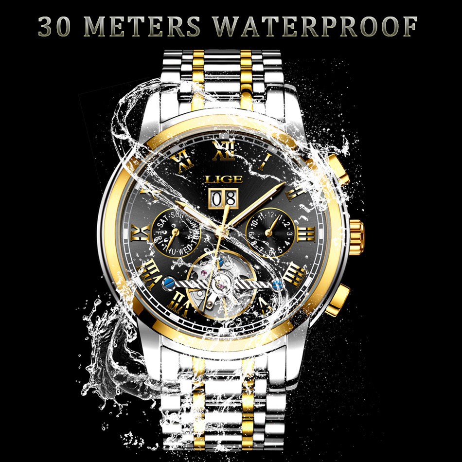 LIGE Men's Watch Fashion Sports Watch Automatic Date Roman Digital Steel Belt Waterproof Mechanical Watch