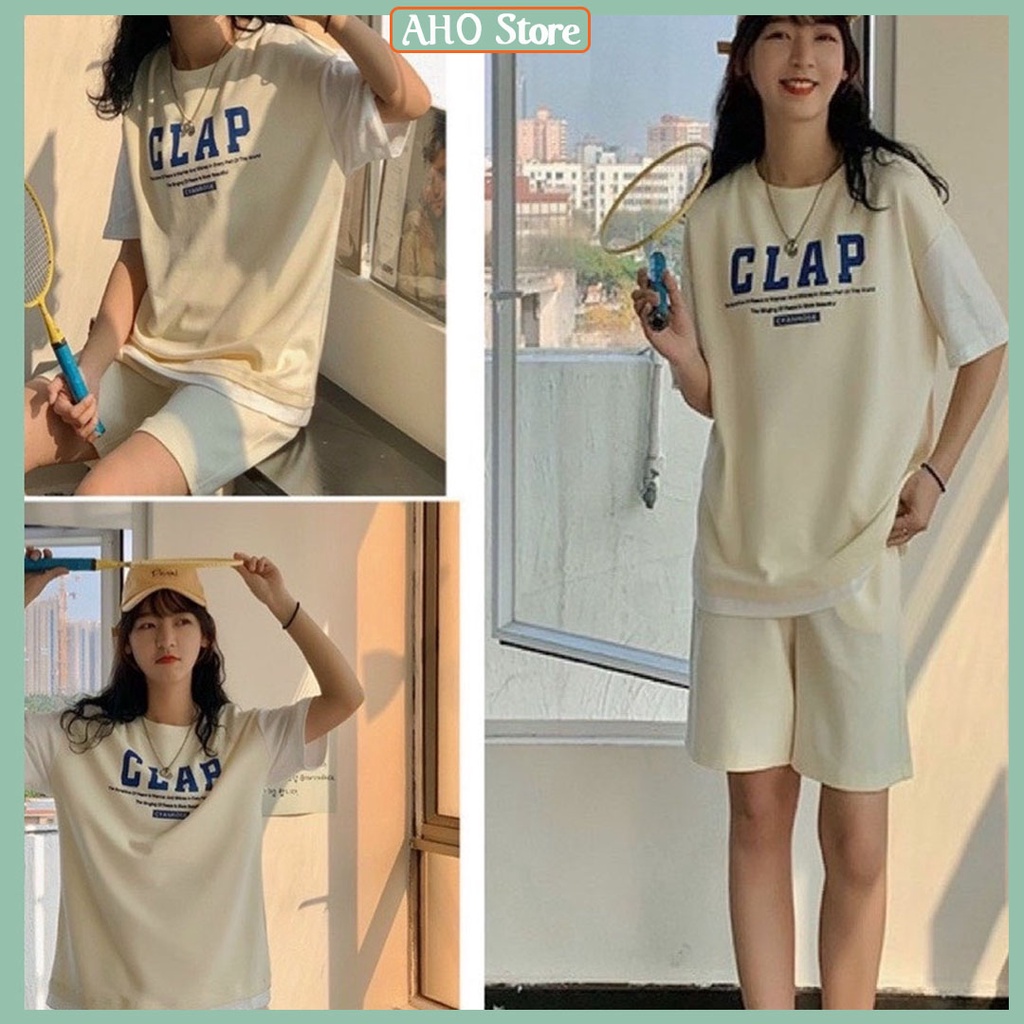 Set Bộ Áo Thun Nam Nữ CLAP Tay Lỡ Kèm Quần Đùi Cạp Chun Ống Rộng Unisex Freesize Form Rộng