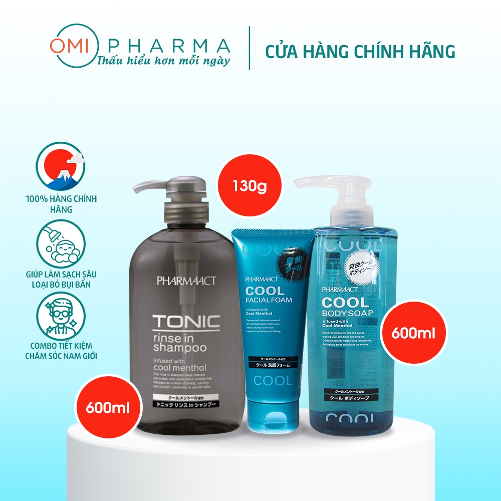 Combo Sữa Rửa Mặt, Sữa Tắm, Dầu Gội Pharmaact Bạc Hà Dành Cho Nam Giới