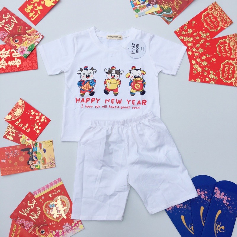 [Xả Kho] [MẪU TẾT] Bộ ngắn tay cộc tay HAPPY NEW YEAR Minky mom cotton 100% mềm mịn mát cho bé trai bé gái từ 10-32kg