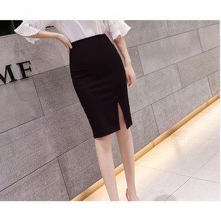 Chân váy bút chì váy dài công sở chất thun umi co dãn xẻ trước màu đen [size từ 45kg-85kg] CR63V07