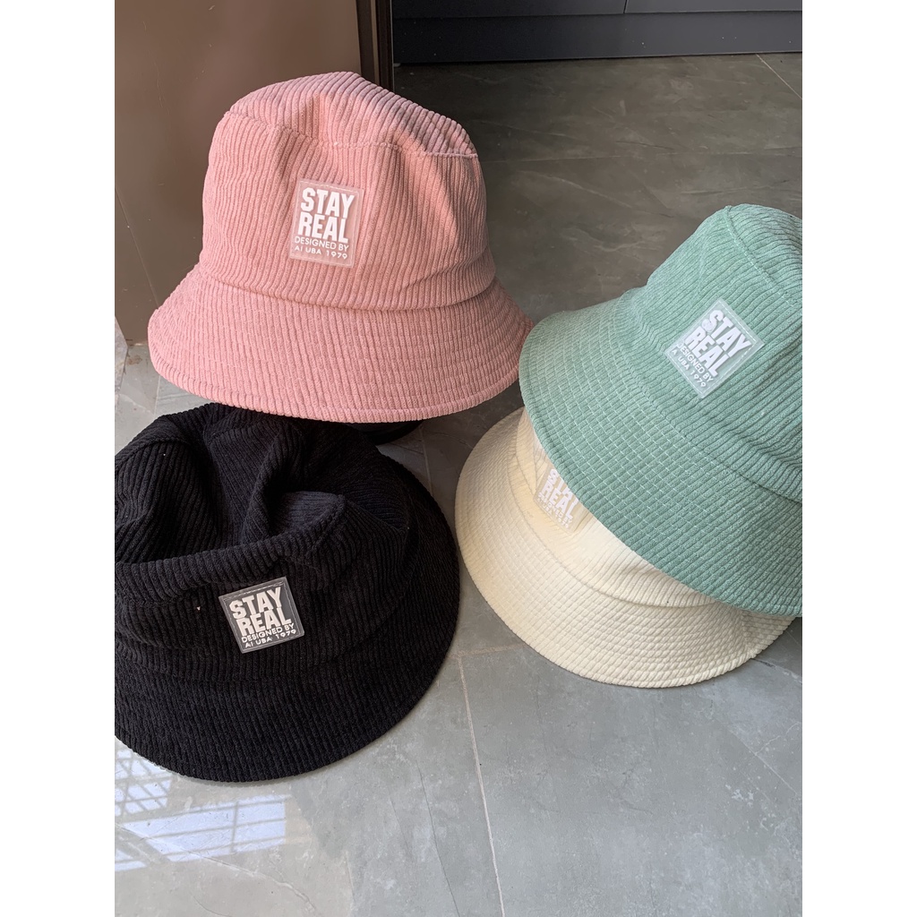 Mũ bucket nam nữ nón đội đầu vành cụp tai bèo chất nhung tăm thêu chữ Stay Real màu sắc pastel LK266