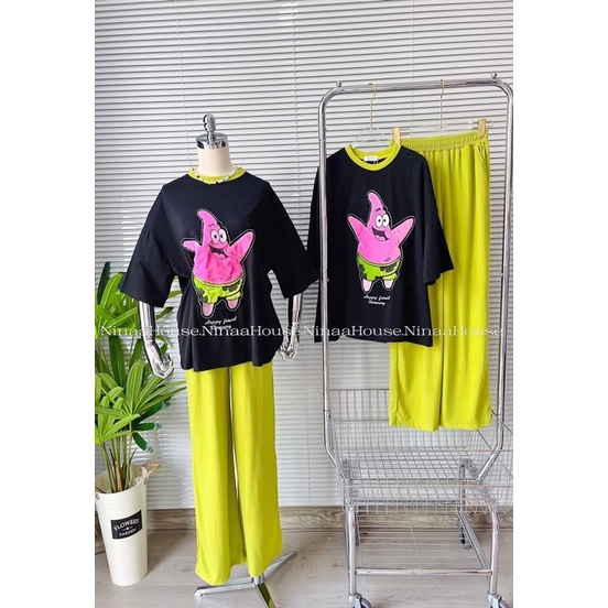 Set áo cotton đen phối cổ hình thêu quần suông gân