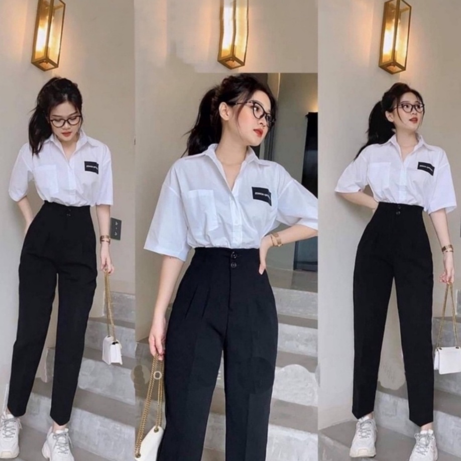 Quần tây nữ lưng cao đi học cạp liền 2 cúc cài dáng quần vải baggy nữ học sinh cấp 3 dày co giãn nhẹ đi học làm công sở