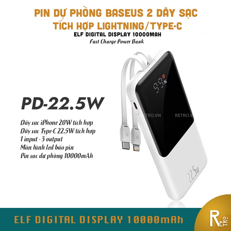 Pin Sạc Dự Phòng  10000mAh BASEUS Elf Digital Display Sạc Nhanh PD 22.5W Đèn Led Báo Pin Tích Hợp Cáp Type-C Lightning