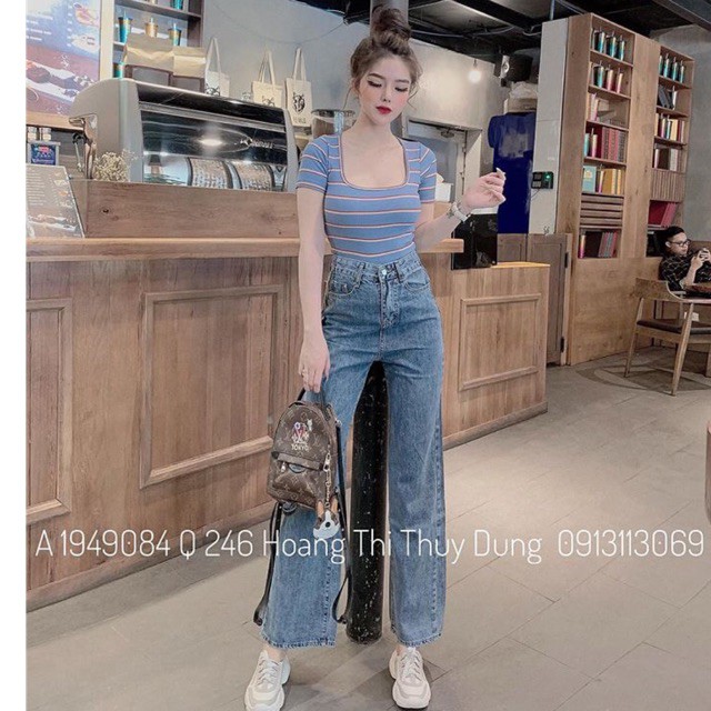 áo thun nữ kẻ cộc tay cổ U