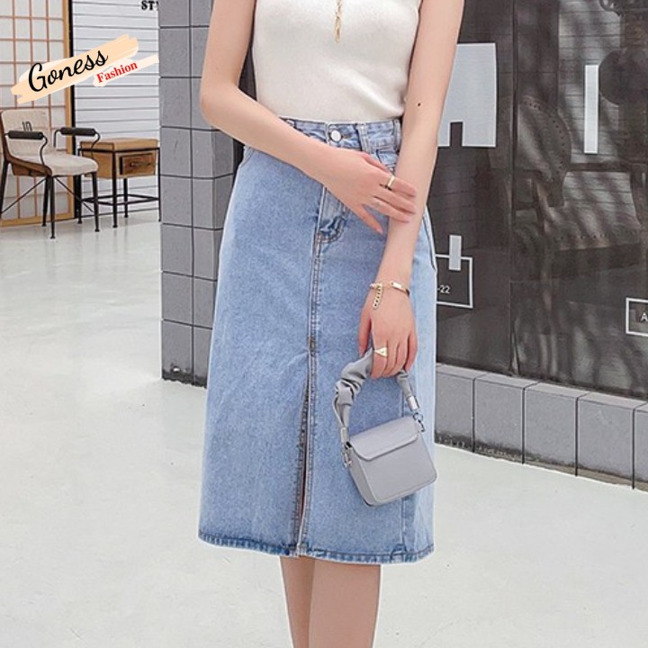 Chân váy Jean denim Goness thiết kế midi dài xẻ tà lưng cao dáng chữ A cạp cao thời trang | BigBuy360 - bigbuy360.vn