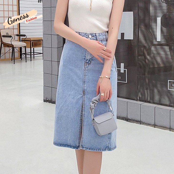 Chân váy Jean denim Goness thiết kế midi dài xẻ tà lưng cao dáng chữ A cạp cao thời trang