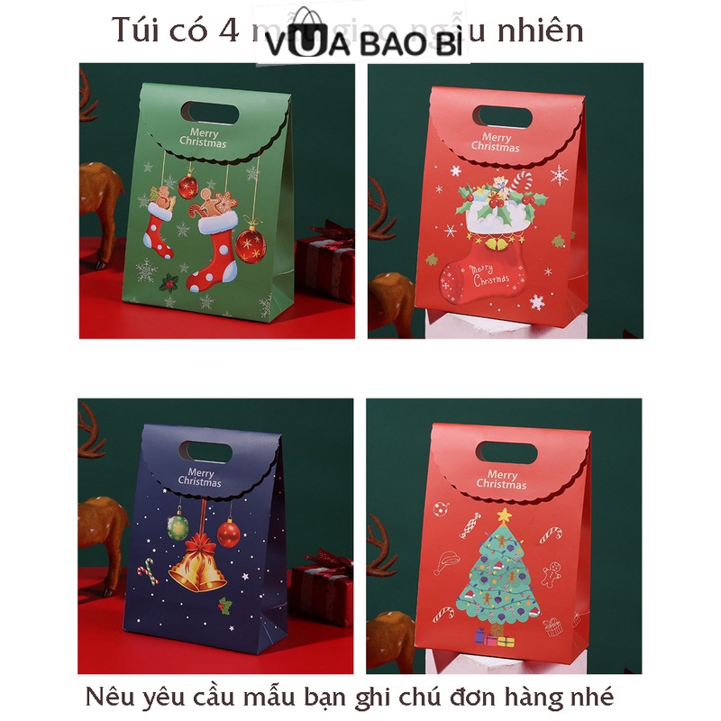 Túi đựng quà Giáng sinh nắp gấp xách tay, túi giấy Noel 26x19x9cm màu sắc xinh xắn