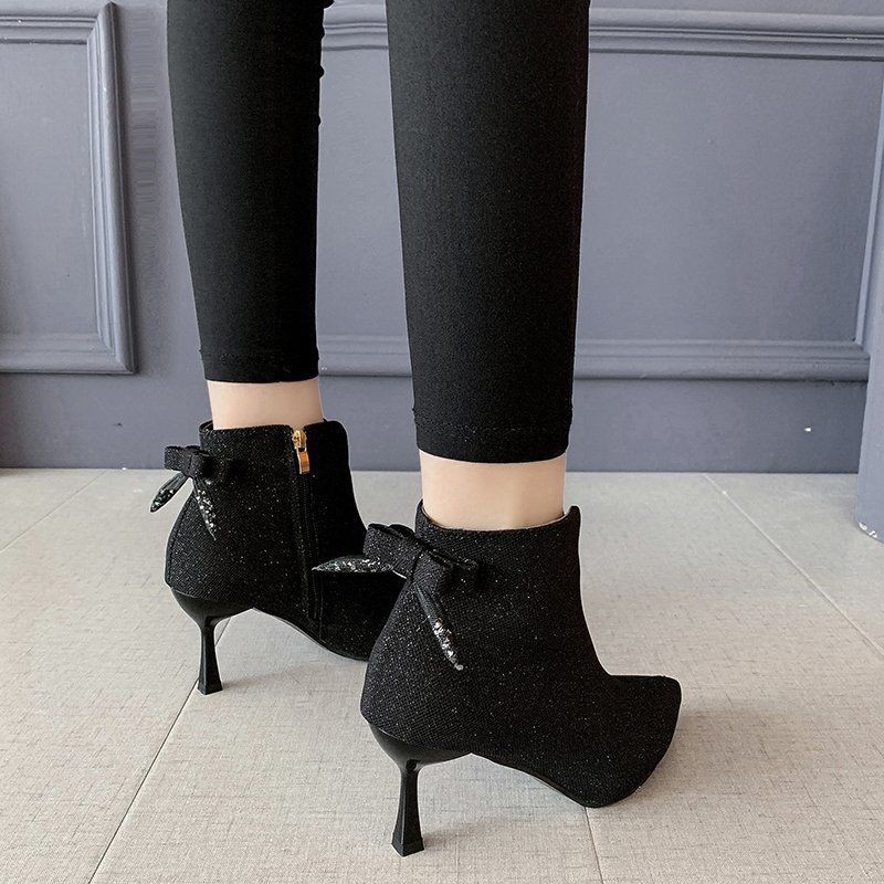 ❆△2020 autumn and winter new bow beige short boots female stiletto pointed high-heel Martin wild ankle nude