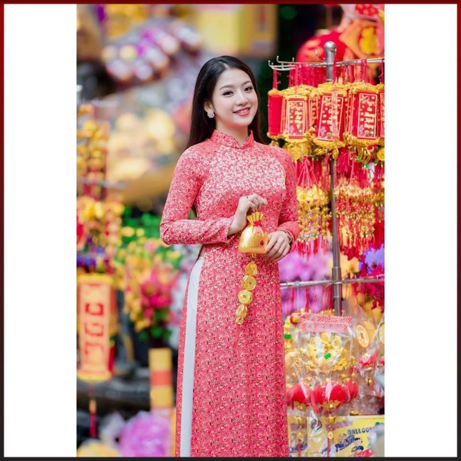 Áo dài truyền thống gấm phước thịnh may sẵn, nhận cắt áo dài ADG2TT-Hồng