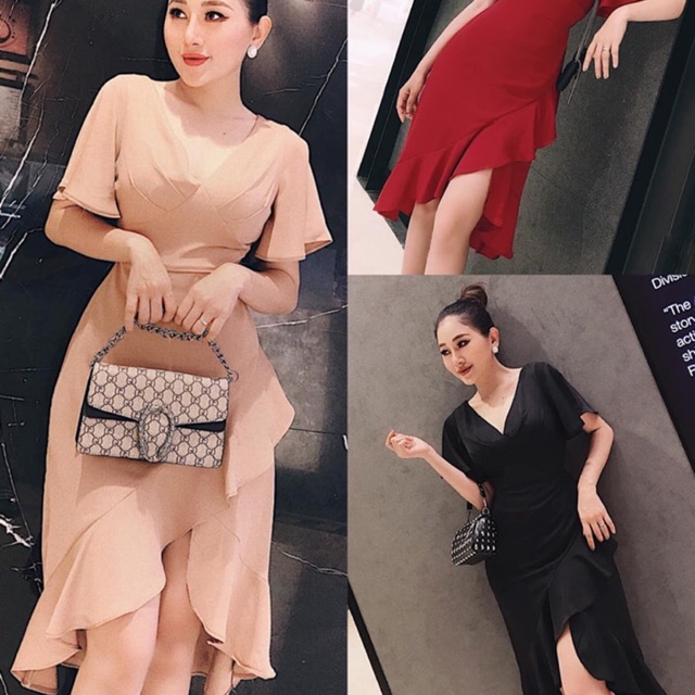Đầm body đuôi bèo xéo tà tay rũ cực sang
