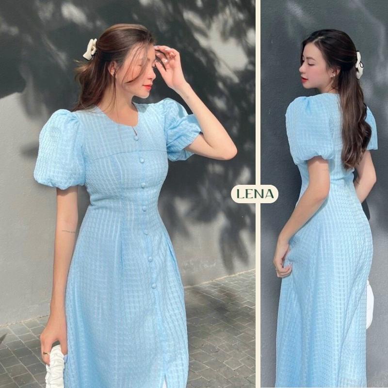 Đầm midi dáng dài tay phồng xẻ tà dự tiệc LENA nút bọc vải tiểu thư - D2187