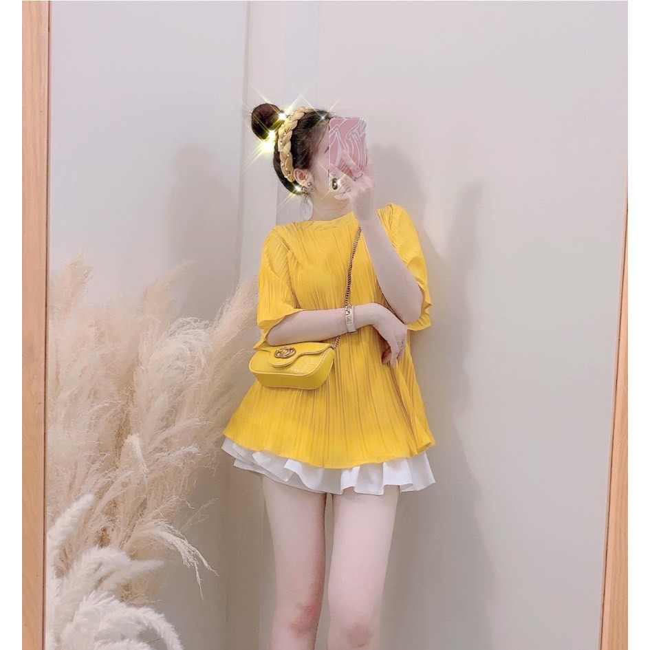 Áo Dập Ly Cổ 3P Cúc Ngọc Dáng Xòe Áo Kiểu Nữ Thụng Tay Xòe