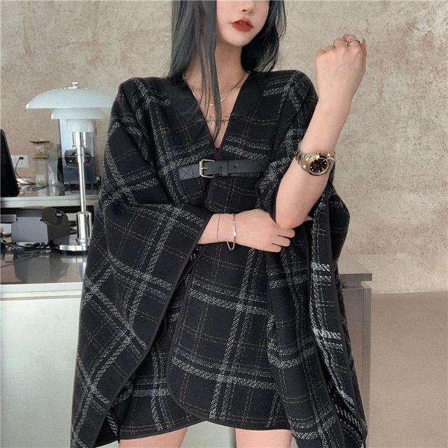 Áo choàng len kẻ sọc caro phong cách Hàn Quốc chất lượng cao cho nữ | BigBuy360 - bigbuy360.vn
