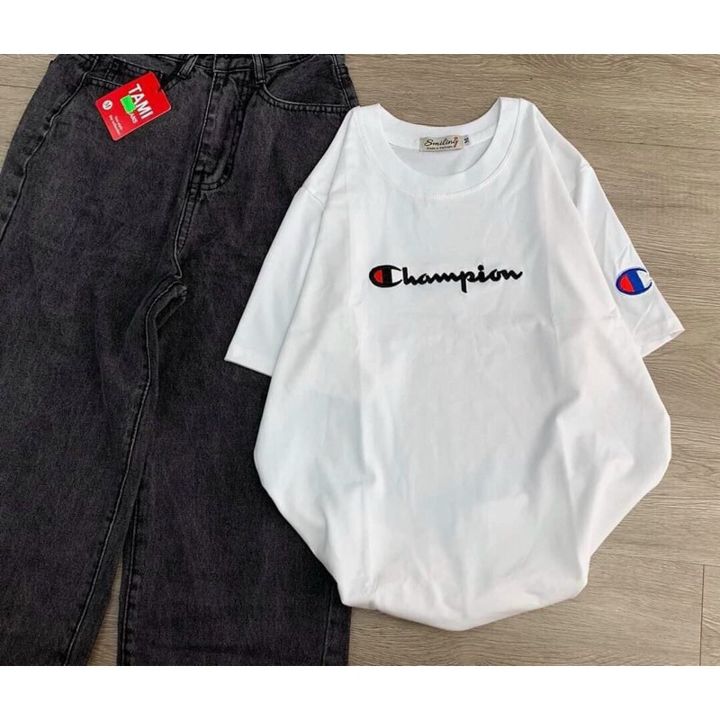 Áo phông thêu Champion unisex tay lỡ,áo thun form rộng