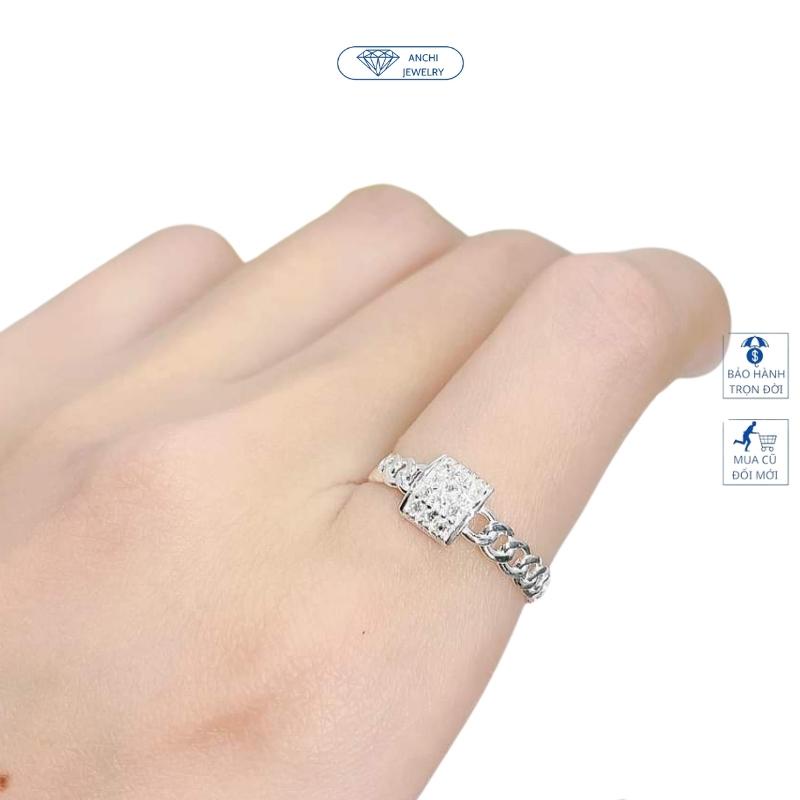 Nhẫn nữ mặt vuông thân xích đính đa, chuẩn bạc ta, Anchi jewelry
