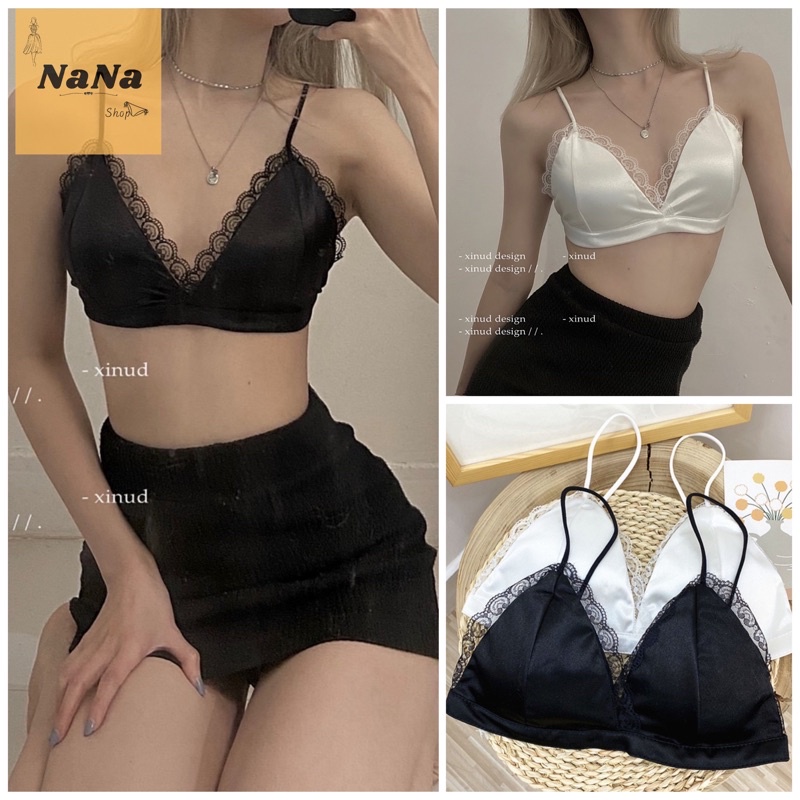 Áo lót bralette satin trơn viền ren