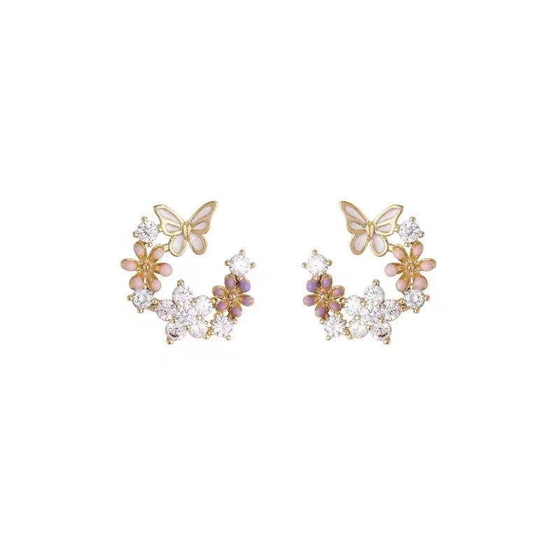 Bông Tai Hình Hoa Và Bướm Đính Đá Zircon Phong Cách Hàn Quốc Thời Trang Dự Tiệc Cưới Cho Nữ