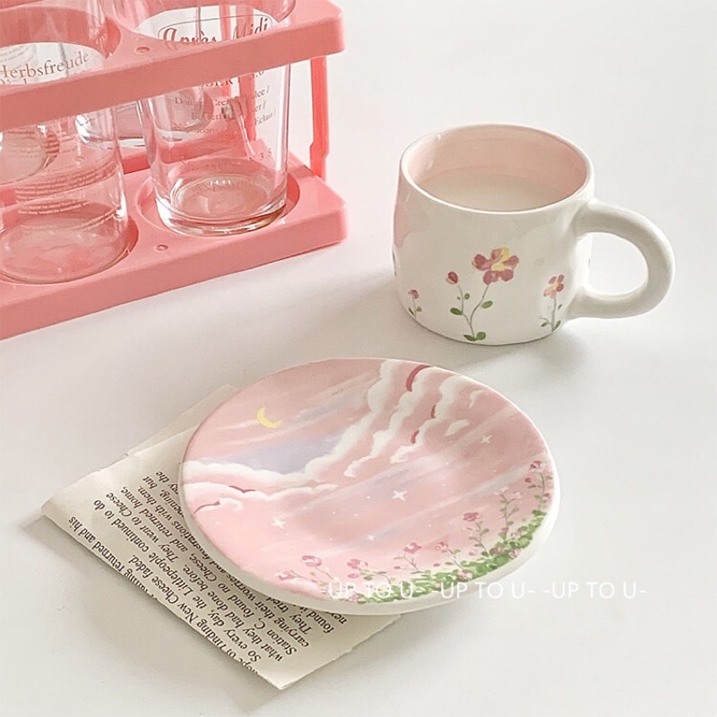 Set tách trà gốm sứ tone hồng mộng mơ (tặng kèm thìa gốm hoa tulip)