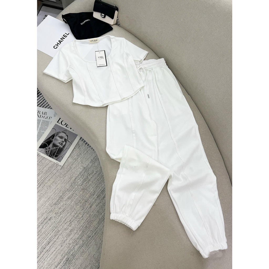 Set Bộ Nữ Set Đồ Nữ Áo Croptop Gân Mix Quần Chun Ống Suông Bo Gấu Freesize
