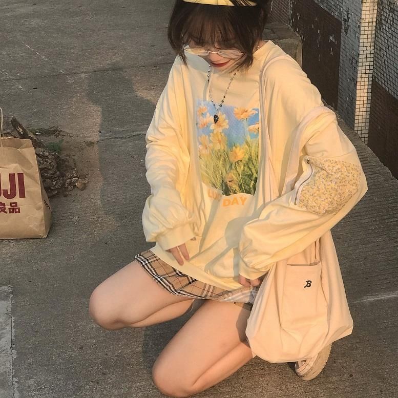 Áo Hoodie Mỏng Nhẹ Tay Dài Dáng Rộng In Họa Tiết Tranh Sơn Dầu Ngọt Ngào Cho Nữ