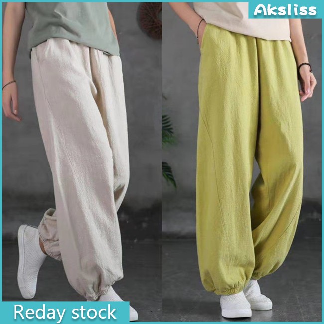 aksdiss Cotton  Linen  Women  Pants  Summer Retro Jogger Pants Loose Solid Color Casual Ninth Pants