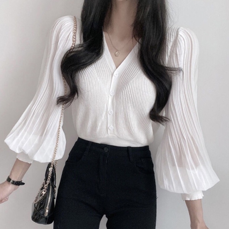 Áo kiểu Perty dệt kim tay dài cổ chữ V phong cách Hàn Quốc thời trang thu đông dành cho nữ
