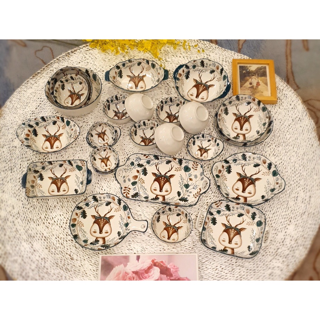 Bát Sứ Bát Ăn Cơm Bộ Bát Đĩa Decor Bộ Chén Dĩa Sứ set 9 món hươu cực đẹp