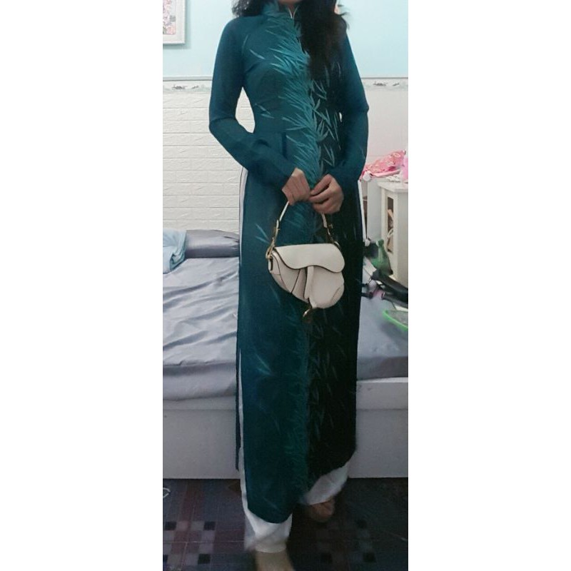 Thanh lý bộ áo dài hoa xanh voan eo dưới 70cm