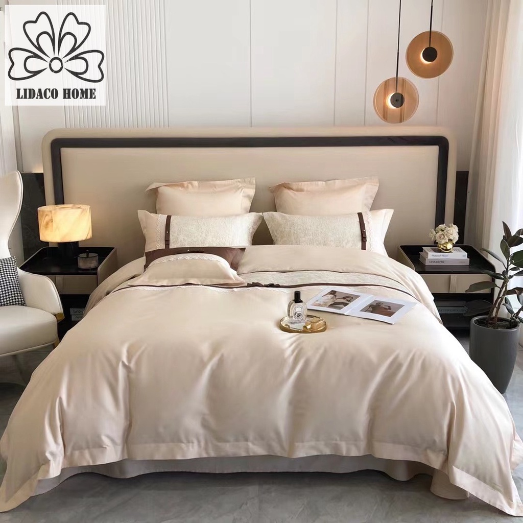 Bộ chăn ga gối lụa sateen 100s LIDACO mix ren nơ sang trọng