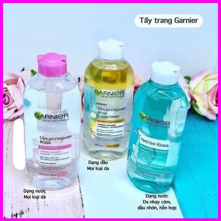 Nước tẩy trang Garnier, nước tẩy trang Nga có đủ màu Garnier xanh,Garnier vàng và Garnier hồng