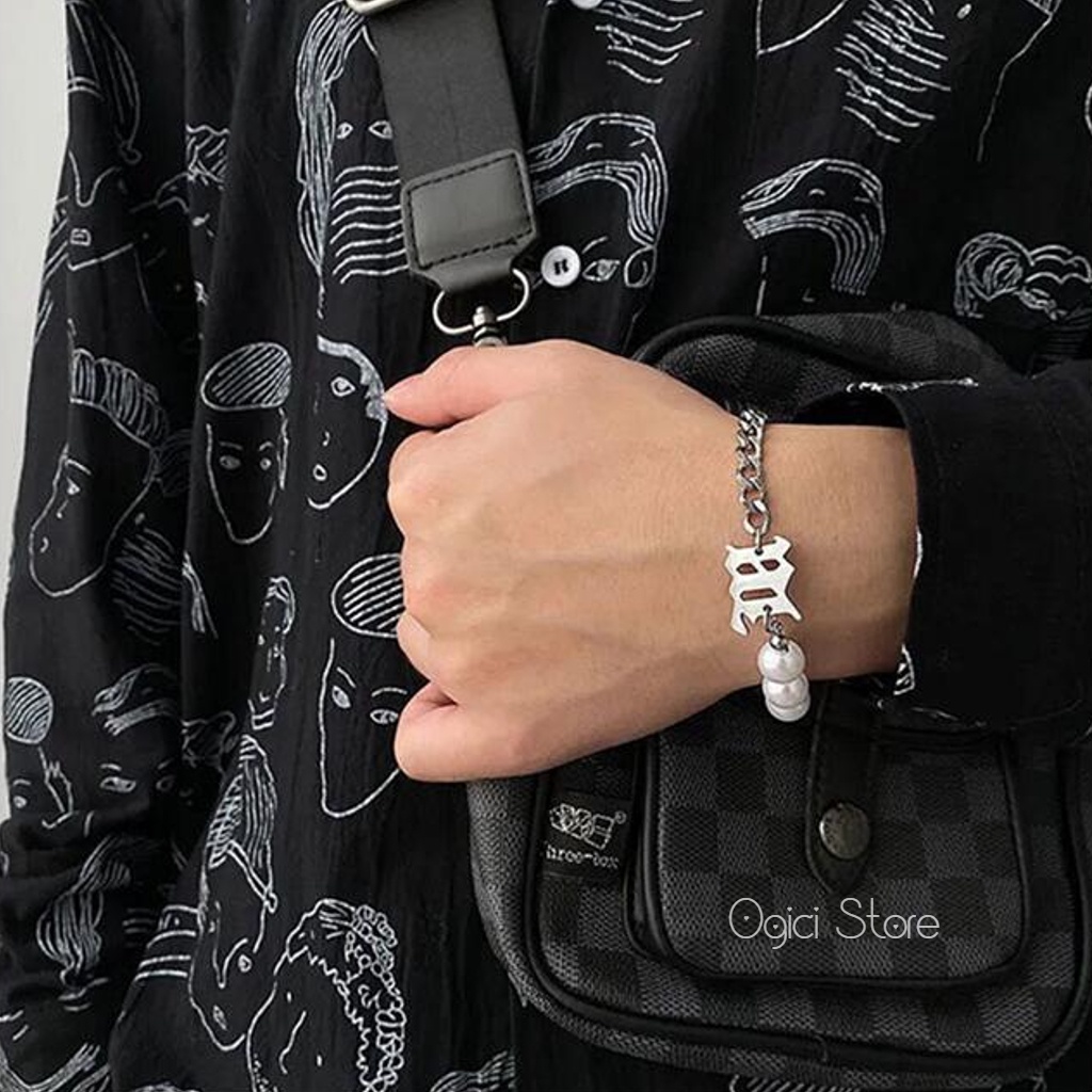 Vòng tay nam nữ thời trang, Lắc tay titan không gỉ thiết kế nửa ngọc trai nửa dây xích phong cách hàn quốc, Unisex