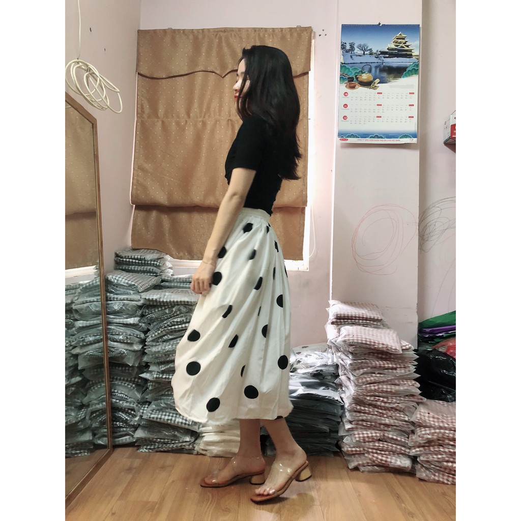 Chân váy chấm bi,  Chất lụa hàn, mềm mát, váy 2 lớp, đai bán chun